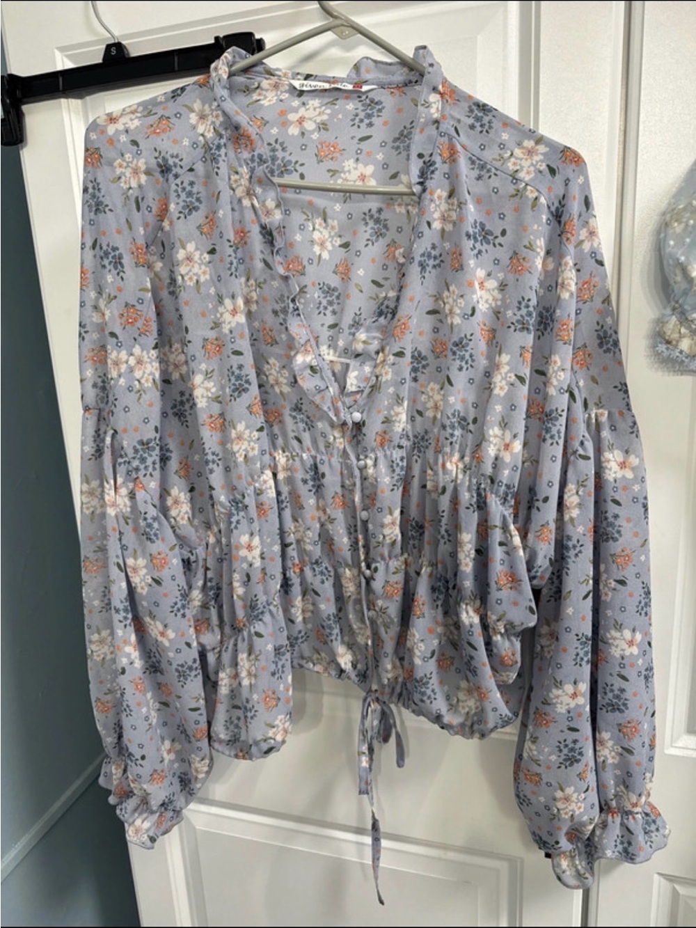 Light Blue Floral V-Neck Drawstring Blouse